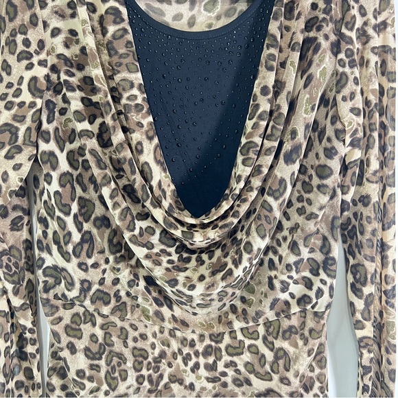 Red Coral Leopard Print Cowl Neck Mesh Women’s Longsleeve Top Sheer Y2K Size XL - Picture 7 of 12